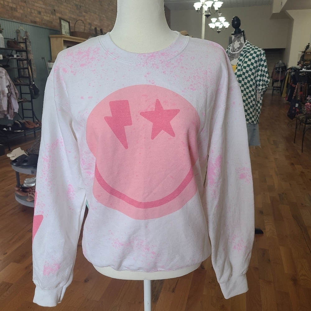 NWOT Splatter Happy Face Crew Neck Sweatshirt Size Small
